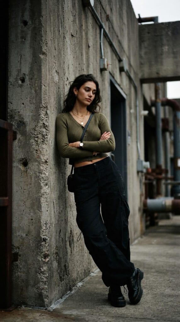A cropped olive green ribbed cardigan paired with baggy black cotton cargo pants.