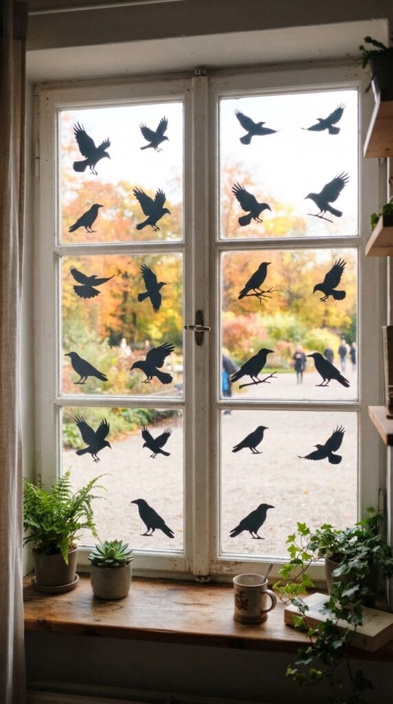 20 Halloween Decor 2026 Ideas for a Spooky Stylish Home 9 Dark vinyl crow silhouettes applied to a bright glass window casting stylized shadows.