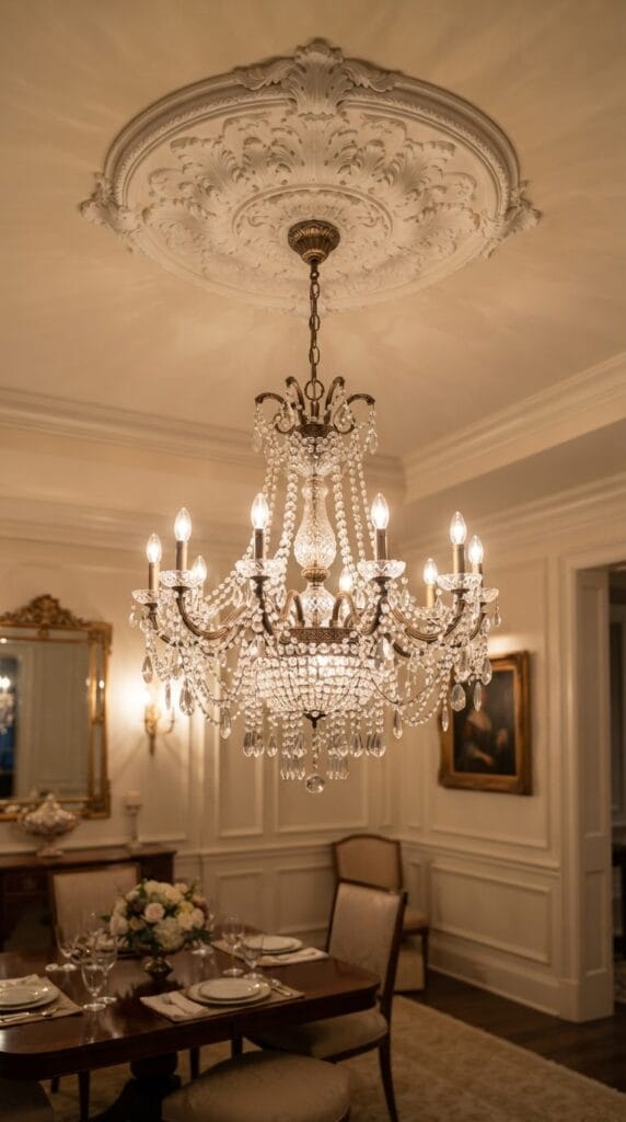 Vintage Princess Bedroom Ideas That Feel Like a Storybook Come to Life 6 A sparkling crystal chandelier hanging from a white ceiling in a bedroom.