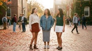 Three teen girls wearing casual, layered autumn high school outfits laughing on campus.