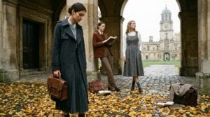 Collage of scholarly autumn outfits featuring wool trench coats, corduroy blazers, and tweed.