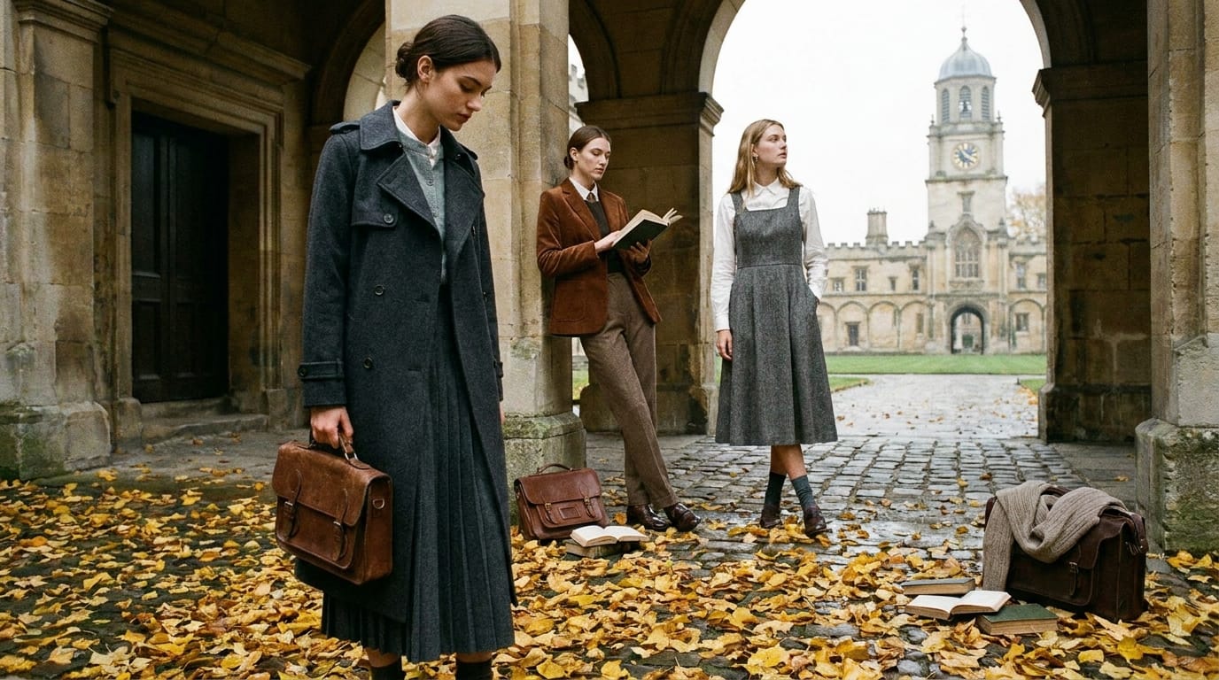 Collage of scholarly autumn outfits featuring wool trench coats, corduroy blazers, and tweed.