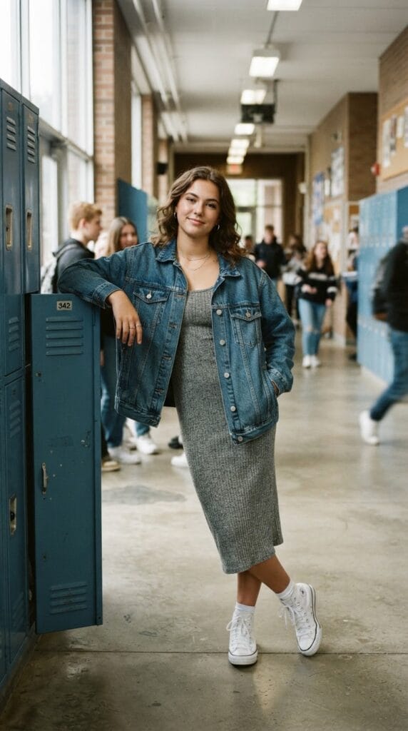Grey ribbed midi dress styled with a classic denim jacket and sneakers in school.