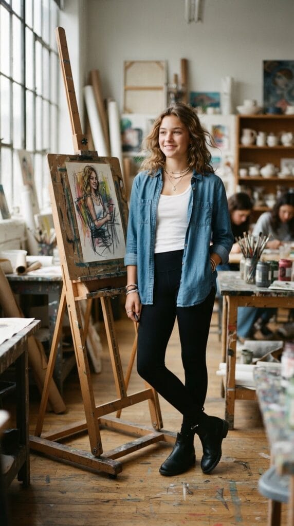 Blue chambray shirt and black knit leggings worn in an art studio.