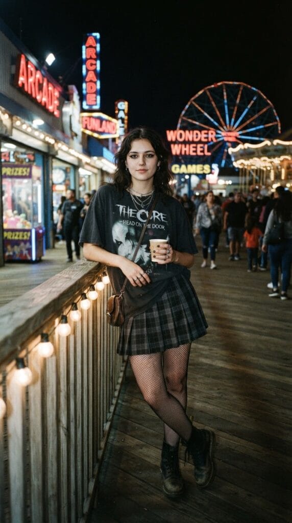 A vintage graphic tee tucked into a pleated plaid skirt with arcade lights background.