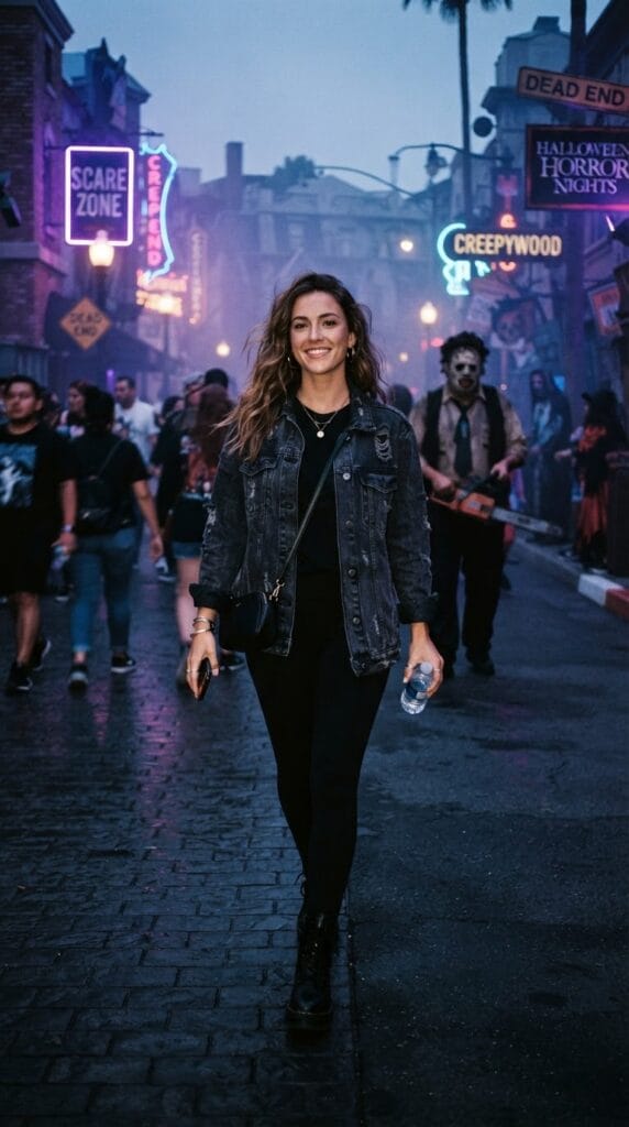 A woman in a distressed denim jacket and black leggings standing under neon streetlights.