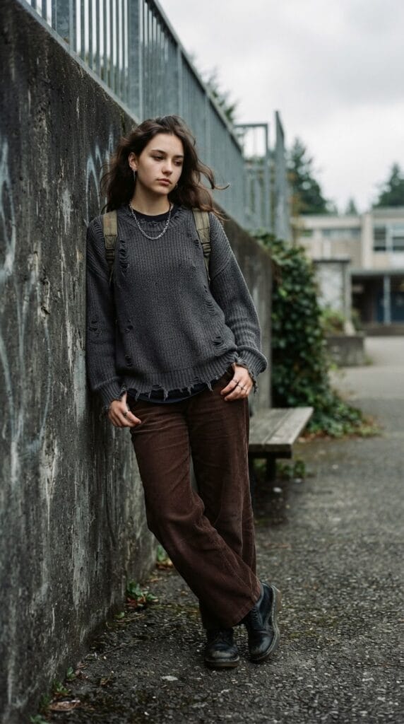 Charcoal distressed knit sweater and brown corduroy trousers with black combat boots.
