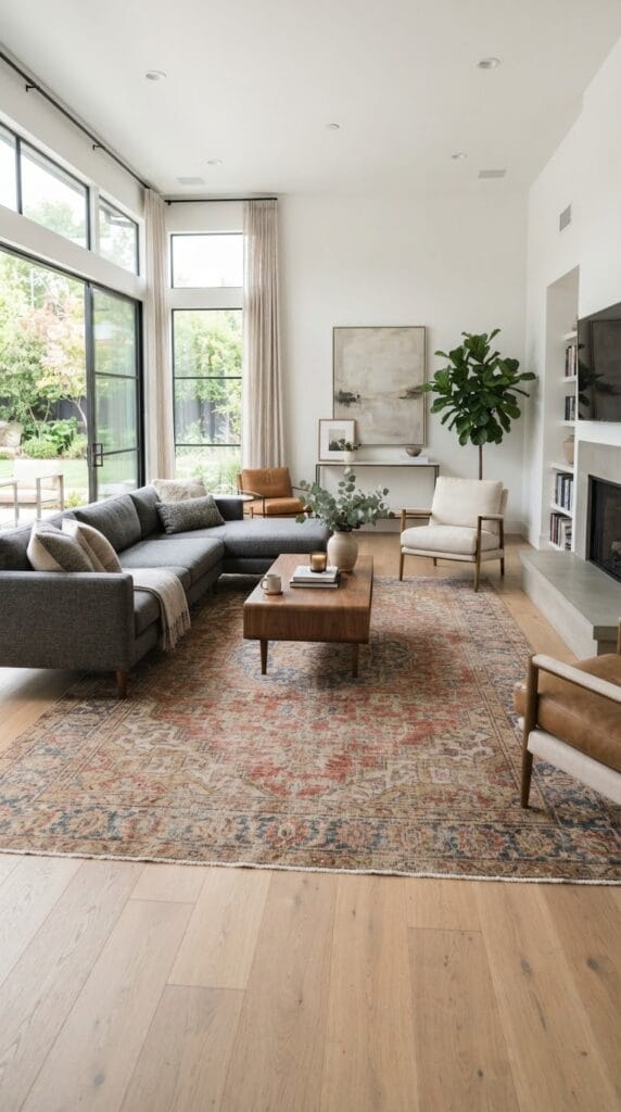 A faded vintage-style area rug centered under modern neutral living room furniture.