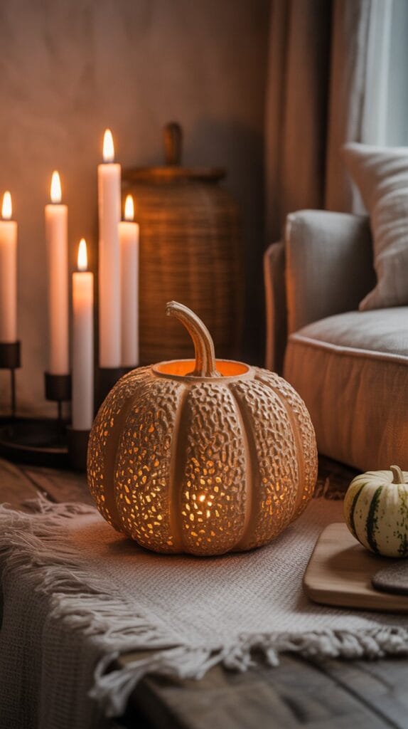 20 Halloween Decor 2026 Ideas for a Spooky Stylish Home 15 A rustic terracotta pumpkin lantern with a carved face lit from inside.
