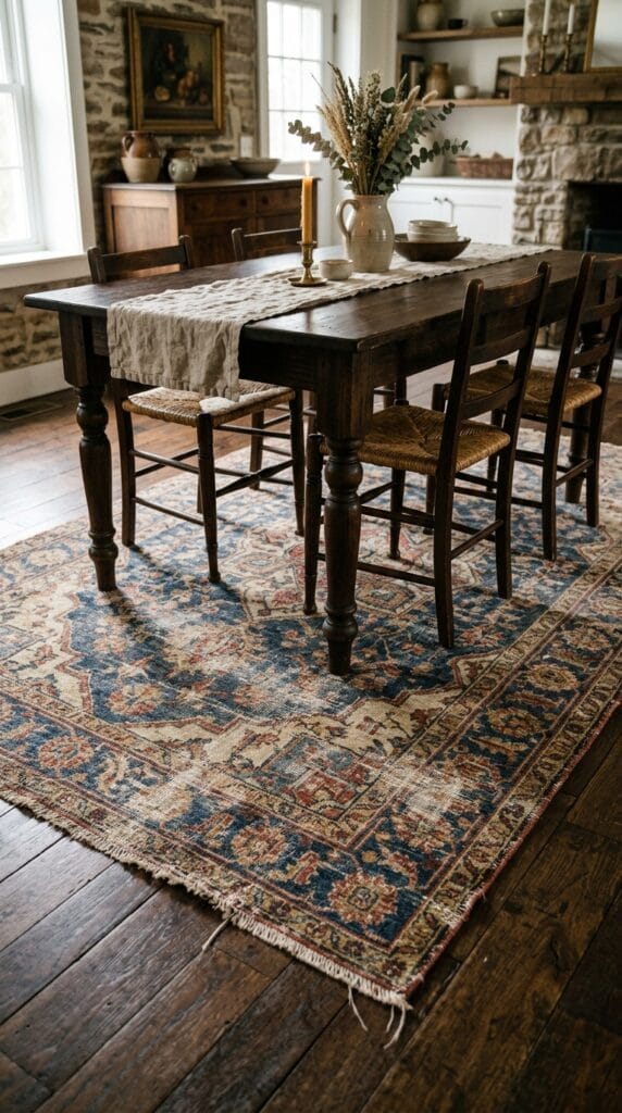 A faded distressed vintage area rug laid under a dark wooden table.