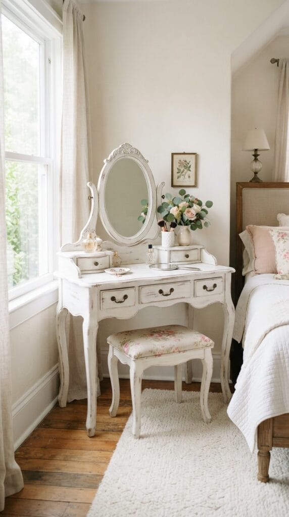 Vintage Princess Bedroom Ideas That Feel Like a Storybook Come to Life 3 A white distressed wooden dressing vanity styled in a bright bedroom corner.