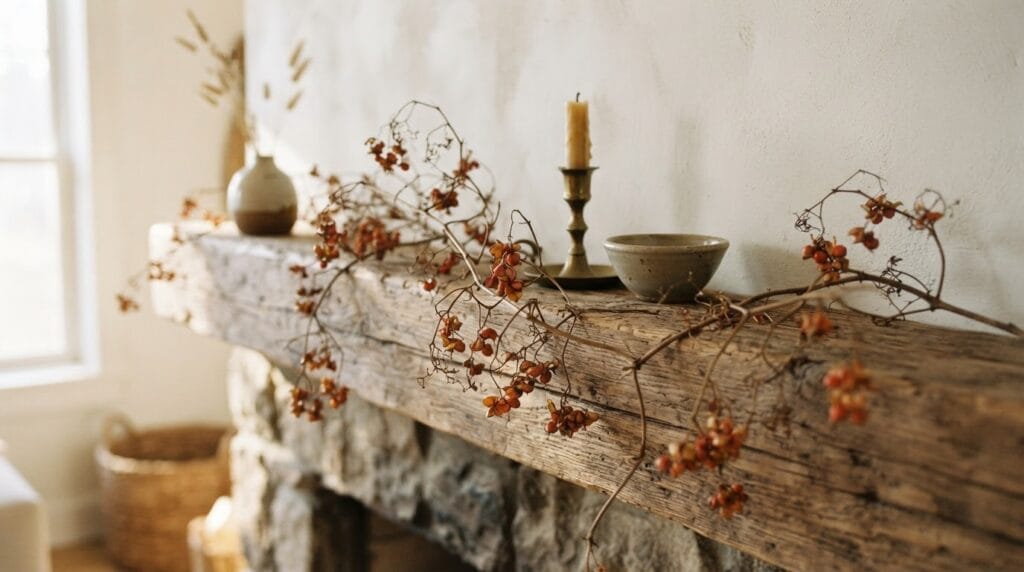This Viral Fall Mantle Garland Is Selling Out Everywhere 5 Sparse dried bittersweet berry vine with orange berries on a rustic wood mantel.