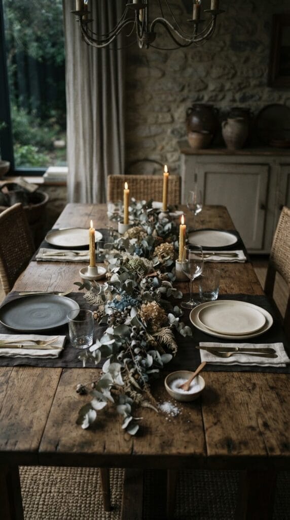 16 Fall Centerpiece Ideas for Your Dining Table 6 A preserved eucalyptus bundle styled down the center of an oak table.