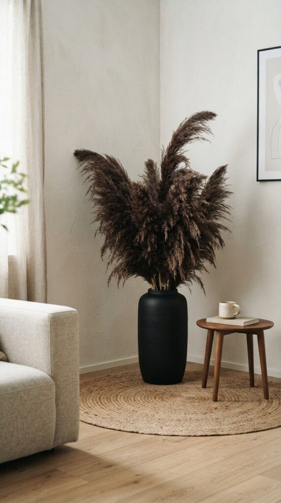 20 Halloween Decor 2026 Ideas for a Spooky Stylish Home 5 Feathery brown dried pampas grass arranged inside a tall matte black ceramic vase.