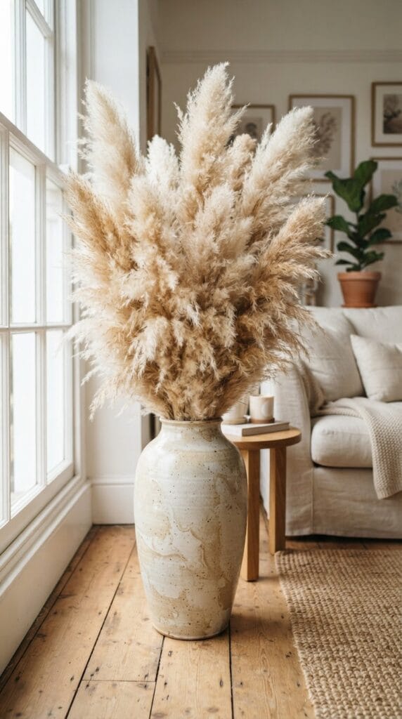 A bouquet of fluffy dried pampas grass in a tall ceramic vase.