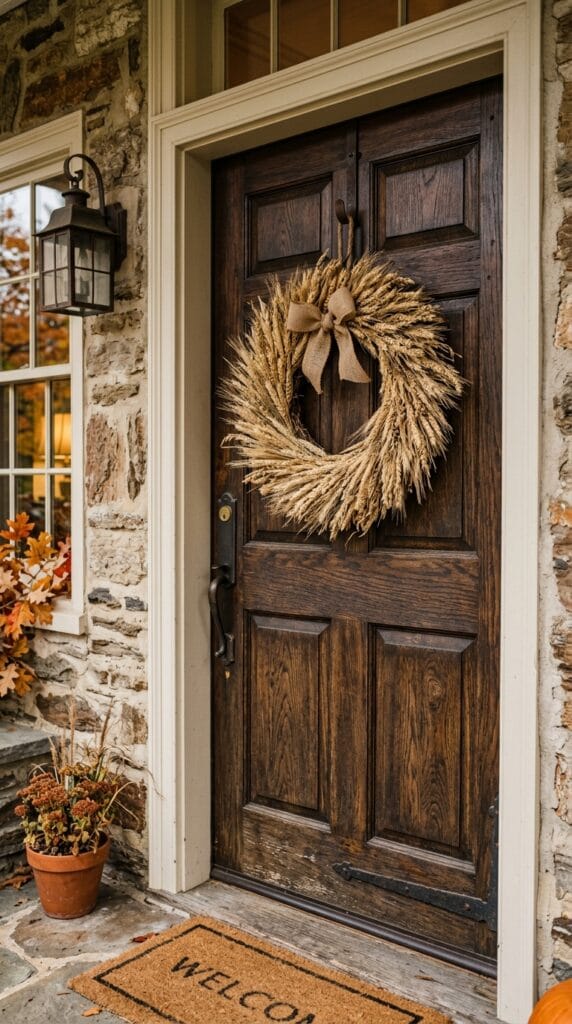 A classic dried wheat wreath hanging on a dark wood front door.