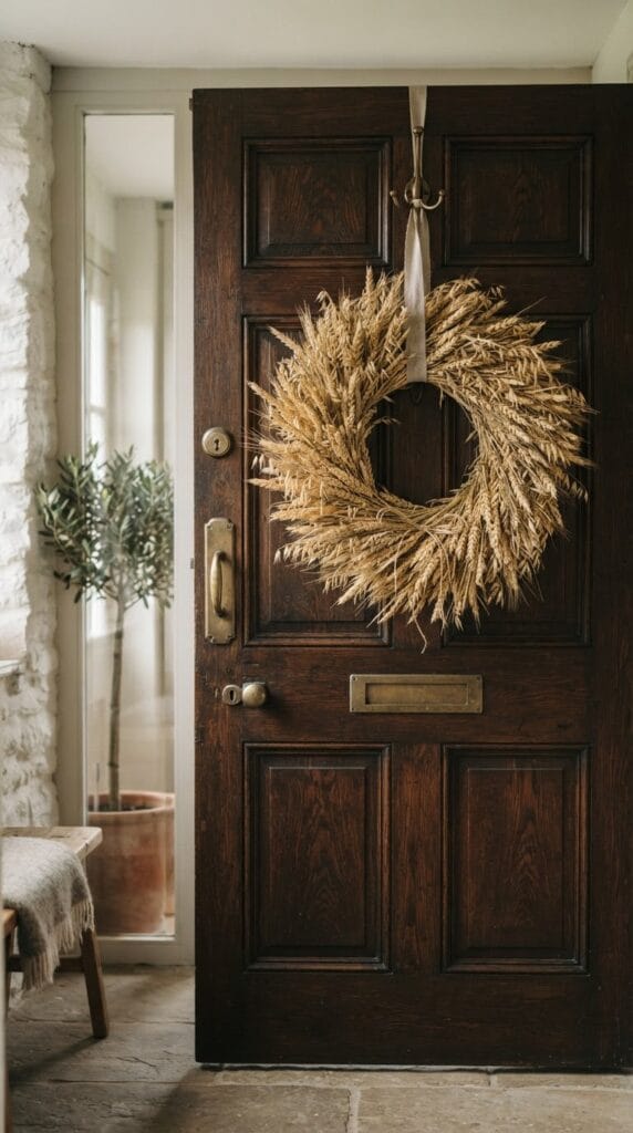 The Ultimate Fall Front Porch Decor Checklist You Need 5 A rustic dried wheat wreath hanging on a dark wood front door.