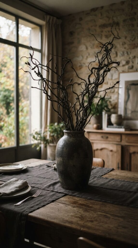 15 Halloween Table Decor Ideas for a Spooky Dinner Party 11 Tall, dark dried willow branches standing in a modern ceramic vase