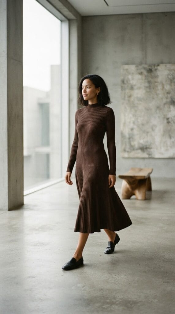 Brown drop-waist ribbed knit midi dress displayed in a minimalist gallery setting.