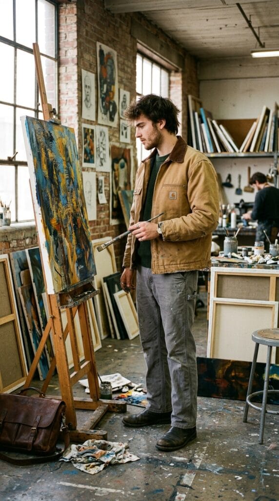 Casual Campus Style for Men: Fall Outfit Ideas for College Guys 6 Male student wearing a tan canvas work jacket in an art studio.