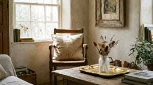 A sunlit rustic room featuring handmade distressed frames, aged pillows, and glass vases.