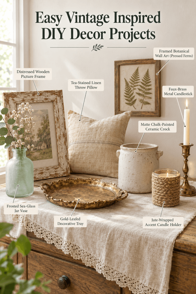 Vintage-inspired DIY home decor collection featuring a distressed frame, tea-stained pillow, and gold-leafed tray.