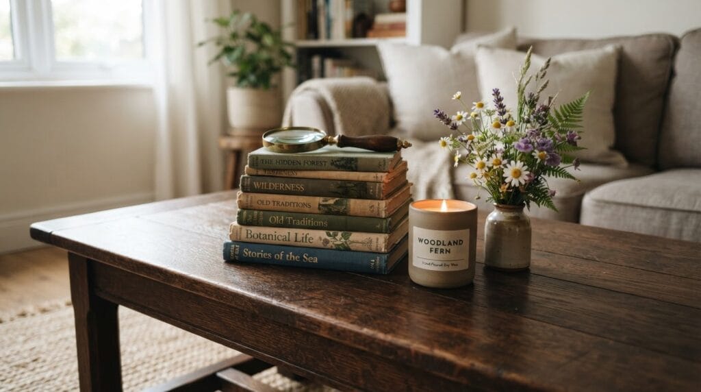 A styled dark wood coffee table with vintage books and brass accents.