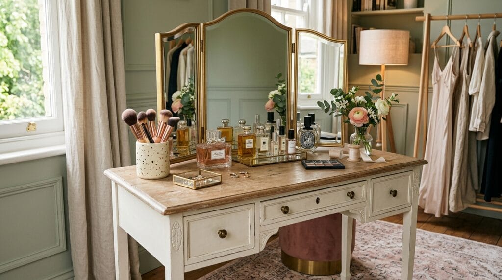 An elegant dressing table with a gold trifold mirror and glass bottles.