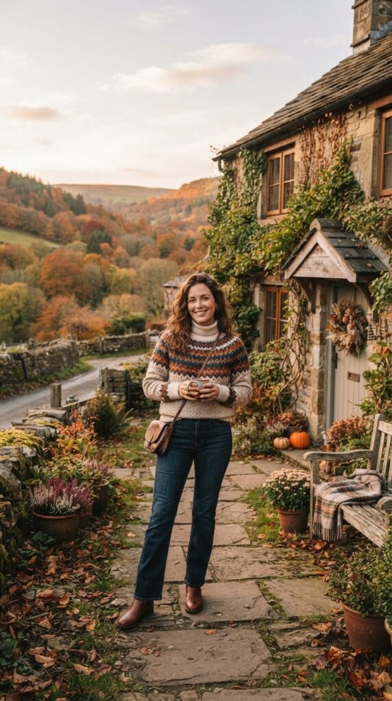 A woman in a Fair Isle wool sweater and dark bootcut jeans.