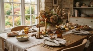 A warm rustic dining room table styled with elegant natural autumnal centerpiece decor.
