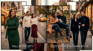 Collage of four chic fall date night outfits under warm evening lights.