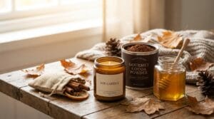 Assorted autumn gifts on a table with an elegant title overlay.