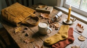 Flat lay of autumn gifts including a mug, socks, and candles with text overlay.