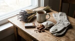 A warm wooden table displaying a rustic stoneware mug, socks, and dried flowers.
