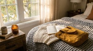 Cozy autumn bedroom scene with a blanket, sweater, and warm glowing candle.