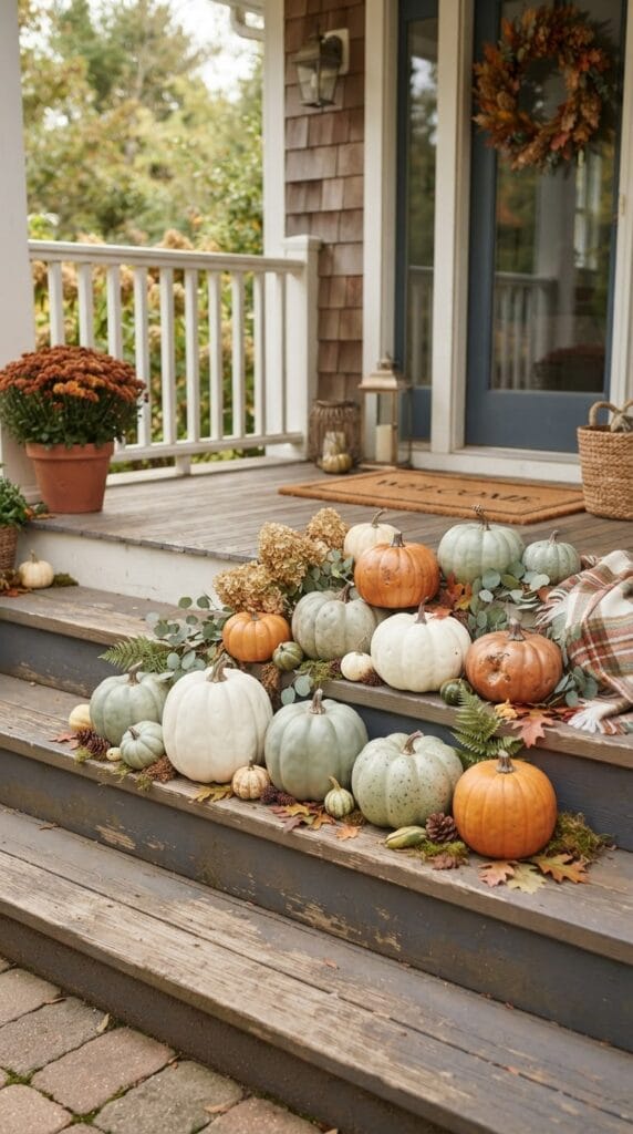 The Ultimate Fall Front Porch Decor Checklist You Need 4 An assortment of realistic white and orange faux pumpkins styled on wooden steps.