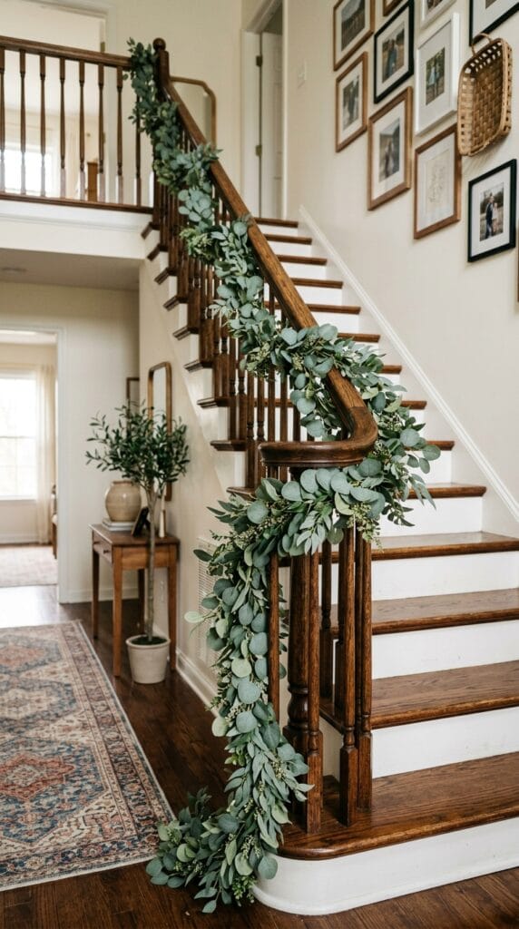 A lush faux eucalyptus garland draped gracefully along a wooden staircase banister.