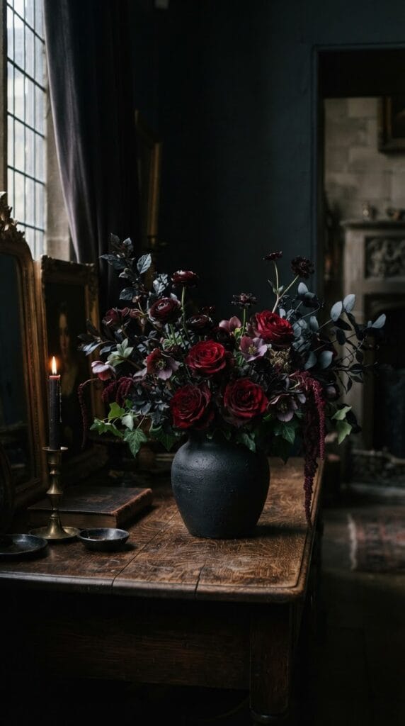 15 Halloween Table Decor Ideas for a Spooky Dinner Party 5 A dark gothic floral centerpiece with deep burgundy and black leaves.