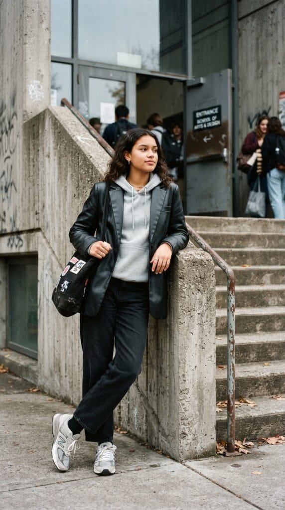 Black faux-leather blazer layered over grey fleece hoodie with running sneakers.