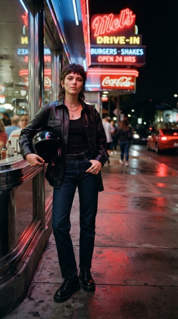 A black faux-leather shacket styled with straight-leg denim jeans under glowing red neon signs.