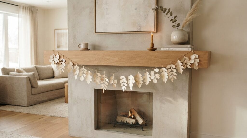 This Viral Fall Mantle Garland Is Selling Out Everywhere 3 Lightweight paper leaf garland hanging gracefully from a minimalist modern fireplace mantel.