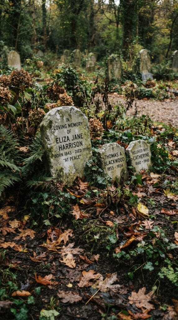 Realistic faux stone tombstones set in a bed of fallen autumn leaves.