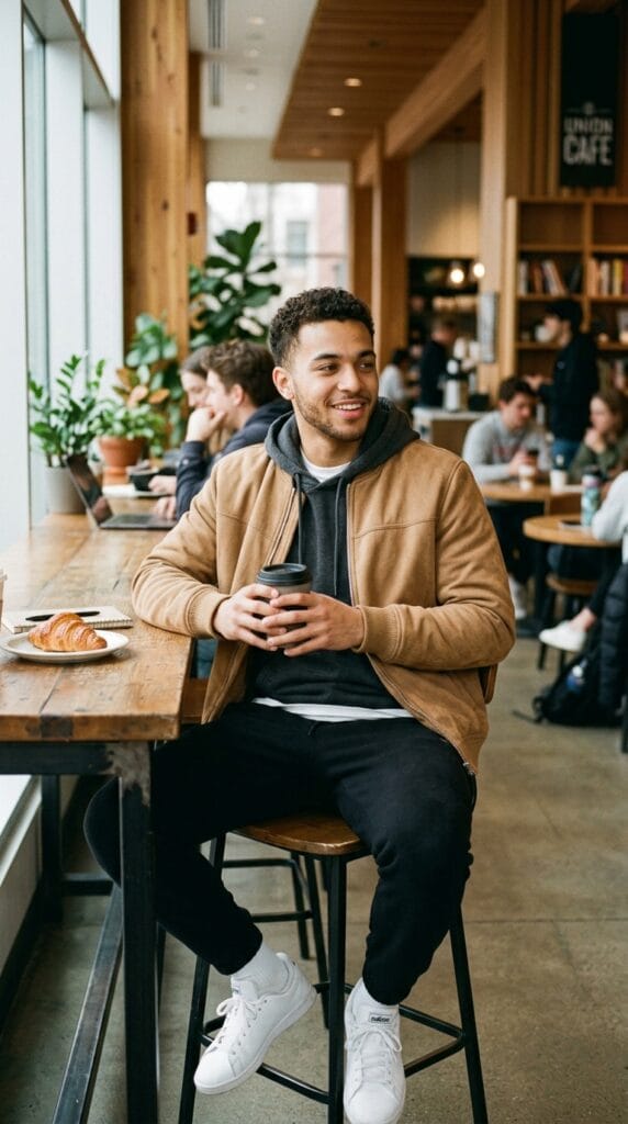 Casual Campus Style for Men: Fall Outfit Ideas for College Guys 9 Student wearing a tan faux-suede bomber jacket and black tapered sweatpants.