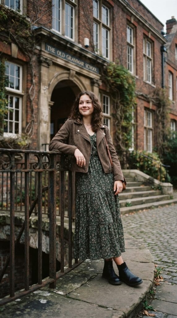 Brown suede jacket over dark green floral maxi dress with black chelsea boots.