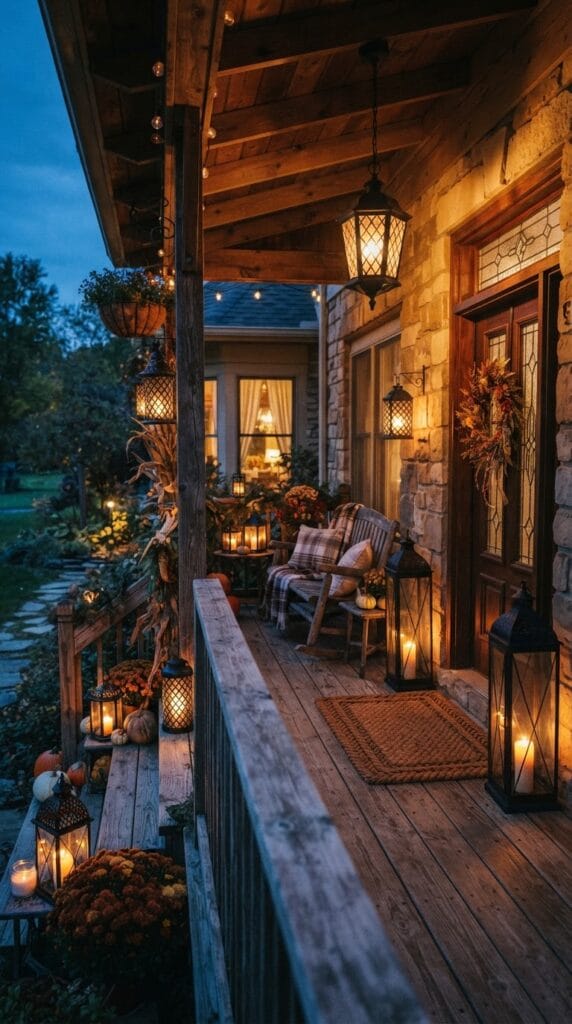 20 Halloween Decor 2026 Ideas for a Spooky Stylish Home 10 Black metal lanterns with glowing flameless candles arranged on a wooden porch step.
