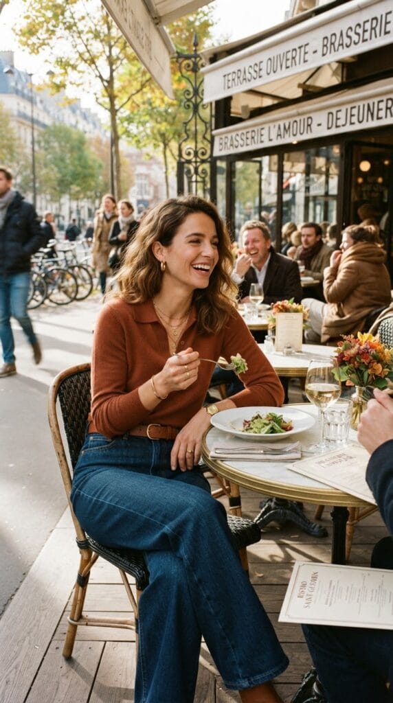A woman in a rust polo sweater and high-waisted wide-leg jeans.