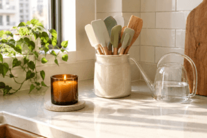 Coordinated household items on a sunny countertop with article title overlay text.