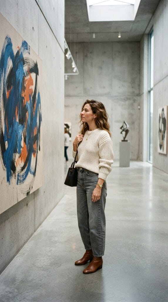 A woman in a cream fisherman sweater and gray barrel-leg jeans.