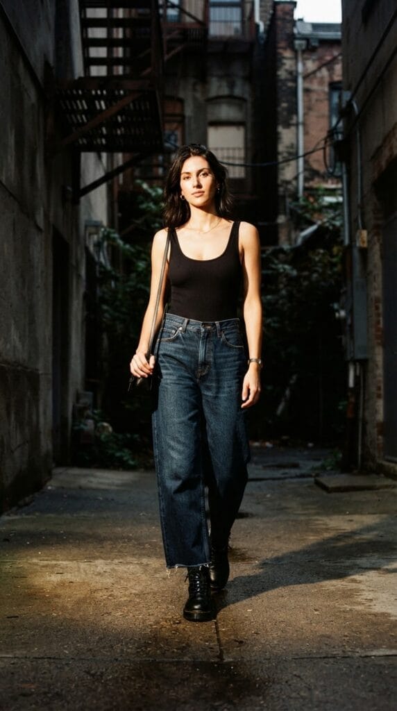 A fitted black ribbed bodysuit tucked into high-rise wide-leg dark denim jeans.