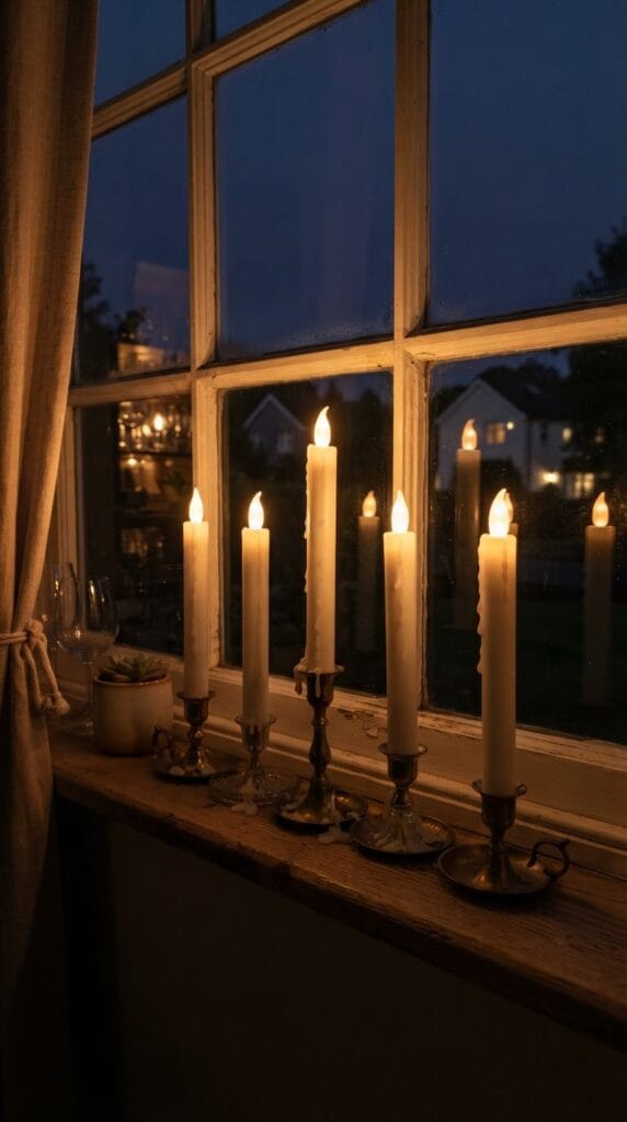 20 Halloween Decor 2026 Ideas for a Spooky Stylish Home 21 Flameless white dripping wax taper candles glowing warmly inside a rustic window sill.